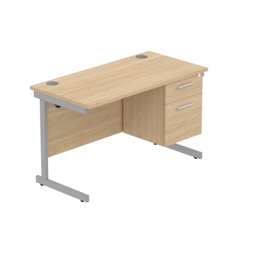 Office Rectangular Desk with Steel Single Upright Cantilever Legs + 2 Drawer Fixed Pedestal (FSC) 1200X600 Canadian Oak/Silver