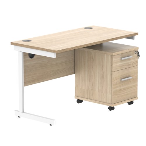 Single Upright Rectangular Desk + 2 Drawer Mobile Under Desk Pedestal 1200 X 600 Canadian Oak/White