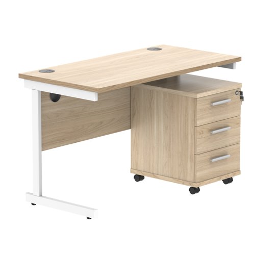 Single Upright Rectangular Desk + 3 Drawer Mobile Under Desk Pedestal 1200 X 600 Canadian Oak/White
