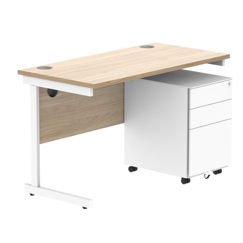 CORE Single Upright Rectangular Desk + Under Desk Steel Pedestal 3 Drawers 1200 X 600 Canadian Oak/White