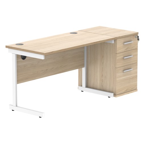 Single Upright Rectangular Desk + Desk High Pedestal 1200 X 600 Canadian Oak/White