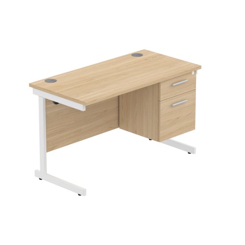 Office Rectangular Desk with Steel Single Upright Cantilever Legs + 2 Drawer Fixed Pedestal (FSC) 1200X600 Canadian Oak/White