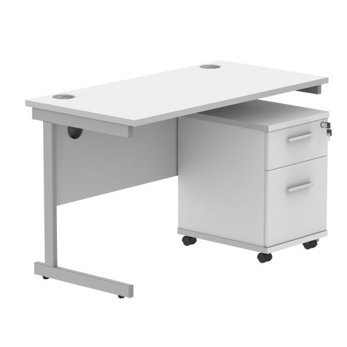 Single Upright Rectangular Desk + 2 Drawer Mobile Under Desk Pedestal 1200 X 600 Arctic White/Silver