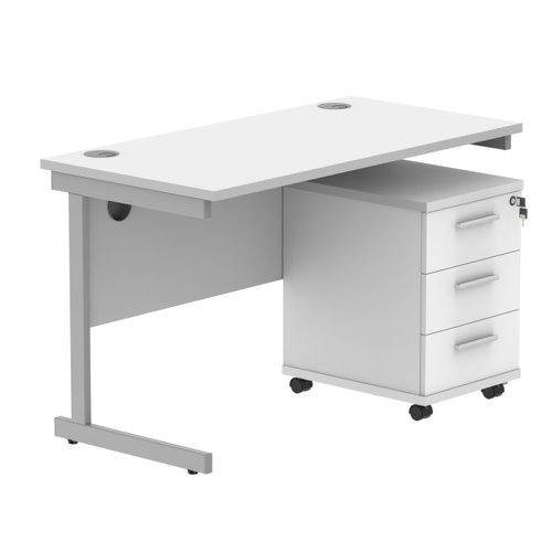 Single Upright Rectangular Desk + 3 Drawer Mobile Under Desk Pedestal 1200 X 600 Arctic White/Silver