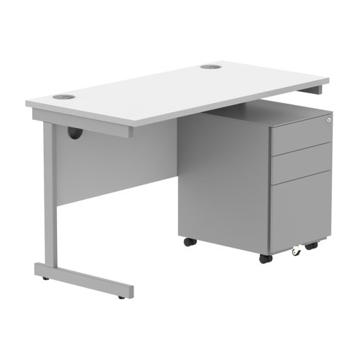 CORE Single Upright Rectangular Desk + Under Desk Steel Pedestal 3 Drawers 1200 X 600 Arctic White/Silver