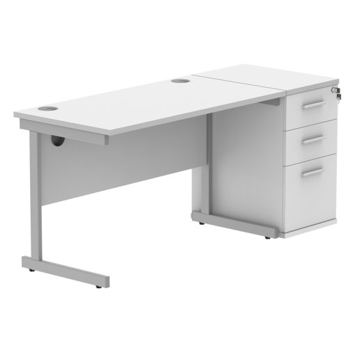 Single Upright Rectangular Desk + Desk High Pedestal (FSC) 1200 X 600 Arctic White/Silver