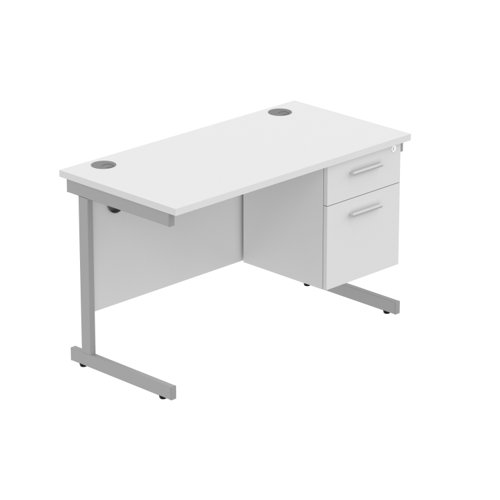 Office Rectangular Desk with Steel Single Upright Cantilever Legs + 2 Drawer Fixed Pedestal (FSC) 1200X600 Arctic White/Silver