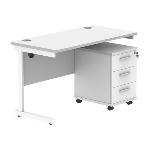 Single Upright Rectangular Desk + 3 Drawer Mobile Under Desk Pedestal (FSC) 1200 X 600 Arctic White/White