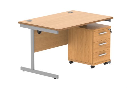 Single Upright Rectangular Desk + 2 Drawer Mobile Under Desk Pedestal 1200 X 800 Norwegian Beech/Silver