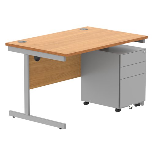 CORE Single Upright Rectangular Desk + Under Desk Steel Pedestal 3 Drawers 1200 X 800 Norwegian Beech/Silver
