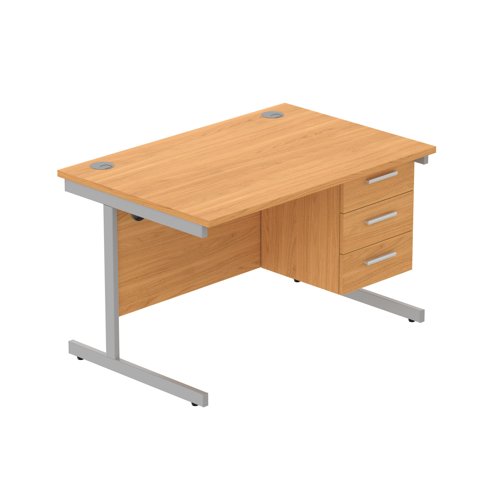 Office Rectangular Desk with Steel Single Upright Cantilever Legs + 3 Drawer Fixed Pedestal  1200X800 Norwegian Beech/Silver