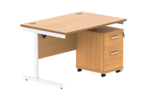Single Upright Rectangular Desk + 2 Drawer Mobile Under Desk Pedestal 1200 X 800 Norwegian Beech/White