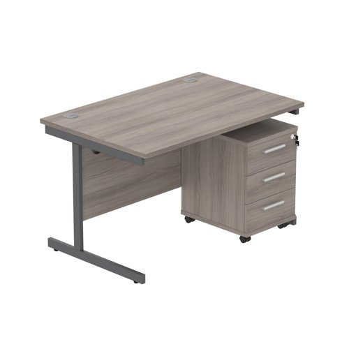 Single Upright Rectangular Desk + 3 Drawer Mobile Under Desk Pedestal  1200 X 800 Alaskan Grey Oak/Graphite