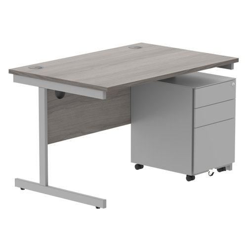CORE Single Upright Rectangular Desk + Under Desk Steel Pedestal 3 Drawers 1200 X 800 Alaskan Grey Oak/Silver