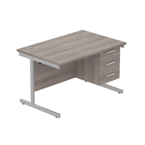 Office Rectangular Desk with Steel Single Upright Cantilever Legs + 3 Drawer Fixed Pedestal (FSC) 1200X800 Alaskan Grey Oak/Silver