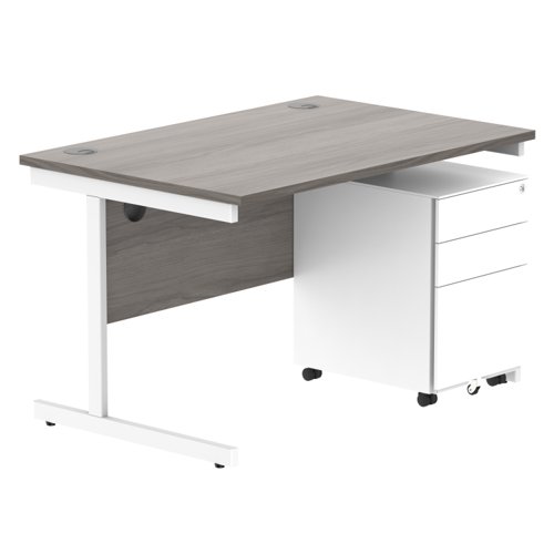 CORE Single Upright Rectangular Desk + Under Desk Steel Pedestal 3 Drawers 1200 X 800 Alaskan Grey Oak/White