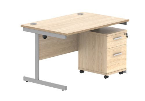 Single Upright Rectangular Desk + 2 Drawer Mobile Under Desk Pedestal 1200 X 800 Canadian Oak/Silver