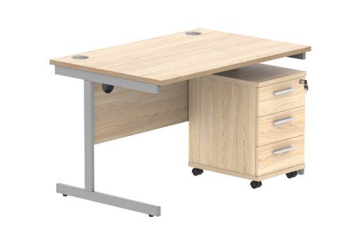 Single Upright Rectangular Desk + 3 Drawer Mobile Under Desk Pedestal 1200 X 800 Canadian Oak/Silver