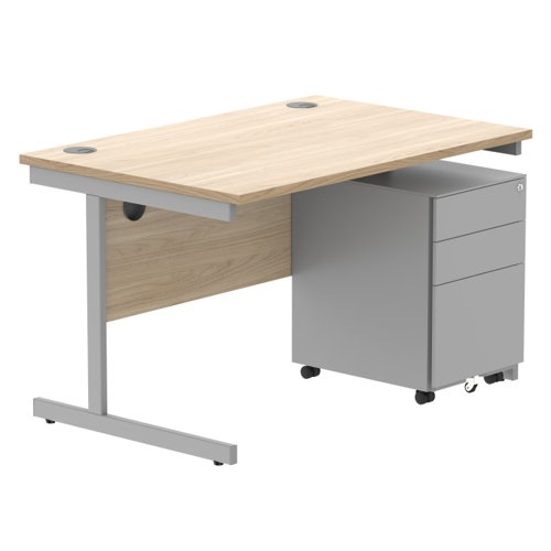 CORE Single Upright Rectangular Desk + Under Desk Steel Pedestal 3 Drawers 1200 X 800 Canadian Oak/Silver