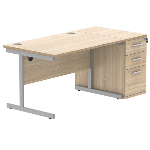 Single Upright Rectangular Desk + Desk High Pedestal 1200 X 800 Canadian Oak/Silver