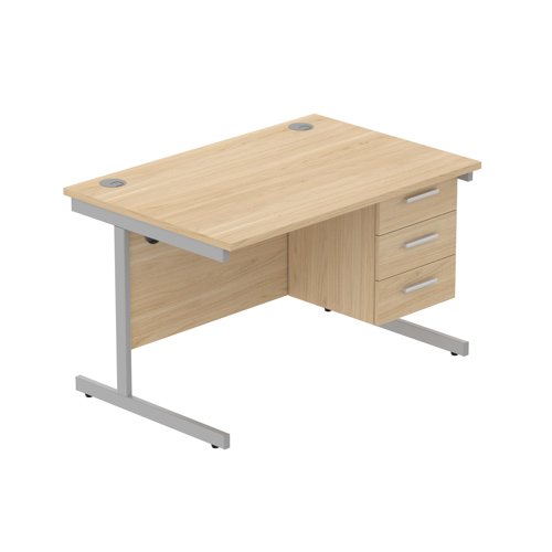 Office Rectangular Desk with Steel Single Upright Cantilever Legs + 3 Drawer Fixed Pedestal (FSC) 1200X800 Canadian Oak/Silver