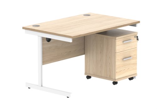 Single Upright Rectangular Desk + 2 Drawer Mobile Under Desk Pedestal (FSC) 1200 X 800 Canadian Oak/White