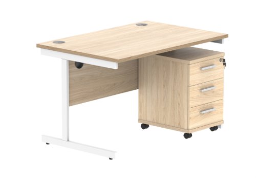 Single Upright Rectangular Desk + 3 Drawer Mobile Under Desk Pedestal (FSC) 1200 X 800 Canadian Oak/White