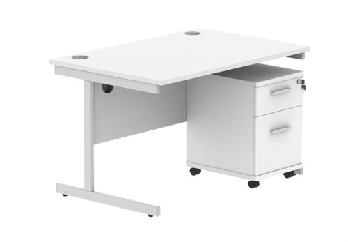Single Upright Rectangular Desk + 2 Drawer Mobile Under Desk Pedestal 1200 X 800 Arctic White/Silver