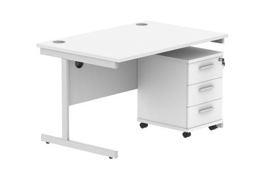 Single Upright Rectangular Desk + 3 Drawer Mobile Under Desk Pedestal (FSC) 1200 X 800 Arctic White/Silver