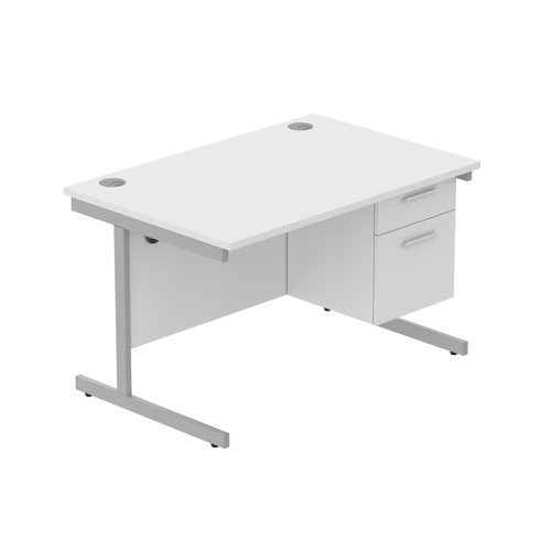 Office Rectangular Desk with Steel Single Upright Cantilever Legs + 2 Drawer Fixed Pedestal (FSC) 1200X800 Arctic White/Silver
