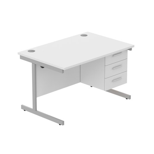 Office Rectangular Desk with Steel Single Upright Cantilever Legs + 3 Drawer Fixed Pedestal  1200X800 Arctic White/Silver