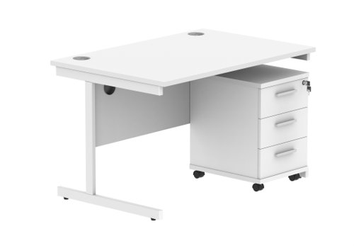 Single Upright Rectangular Desk + 3 Drawer Mobile Under Desk Pedestal 1200 X 800 Arctic White/White