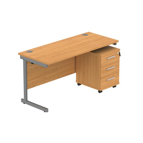 Single Upright Rectangular Desk + 3 Drawer Mobile Under Desk Pedestal  1400 X 600 Norwegian Beech/Graphite