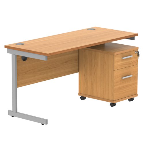 Single Upright Rectangular Desk + 2 Drawer Mobile Under Desk Pedestal 1400 X 600 Norwegian Beech/Silver