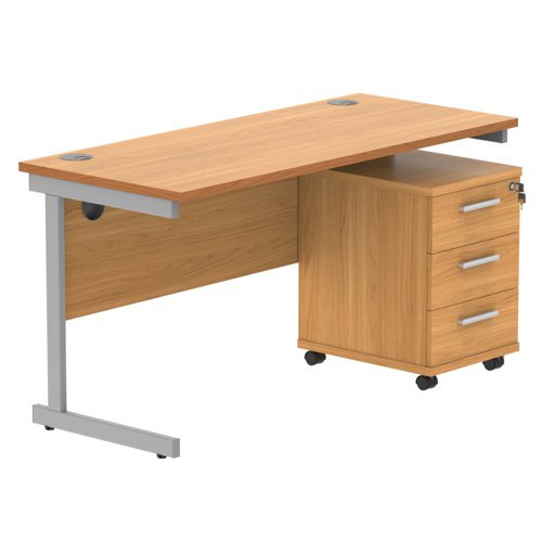 Single Upright Rectangular Desk + 3 Drawer Mobile Under Desk Pedestal (FSC) 1400 X 600 Norwegian Beech/Silver