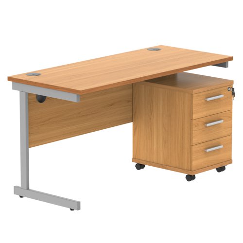 Single Upright Rectangular Desk + 3 Drawer Mobile Under Desk Pedestal 1400 X 600 Norwegian Beech/Silver