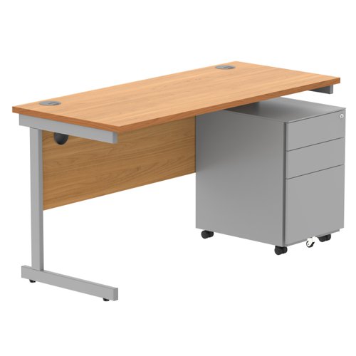 CORE Single Upright Rectangular Desk + Under Desk Steel Pedestal 3 Drawers 1400 X 600 Norwegian Beech/Silver