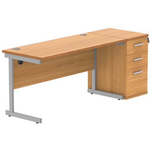 Single Upright Rectangular Desk + Desk High Pedestal 1400 X 600 Norwegian Beech/Silver
