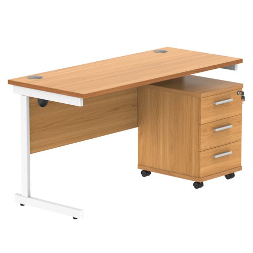 Single Upright Rectangular Desk + 3 Drawer Mobile Under Desk Pedestal (FSC) 1400 X 600 Norwegian Beech/White