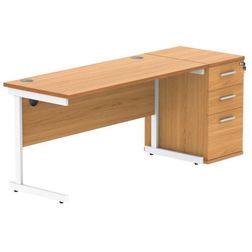 Single Upright Rectangular Desk + Desk High Pedestal (FSC) 1400 X 600 Norwegian Beech/White