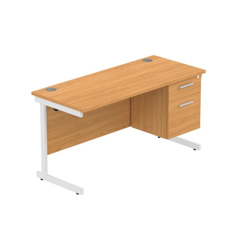 Office Rectangular Desk with Steel Single Upright Cantilever Legs + 2 Drawer Fixed Pedestal  1400X600 Norwegian Beech/White