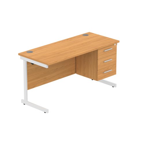 Office Rectangular Desk with Steel Single Upright Cantilever Legs + 3 Drawer Fixed Pedestal  1400X600 Norwegian Beech/White