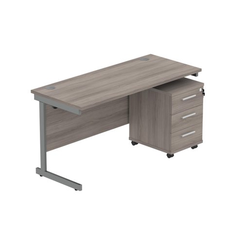 Single Upright Rectangular Desk + 3 Drawer Mobile Under Desk Pedestal  1400 X 600 Alaskan Grey Oak/Graphite