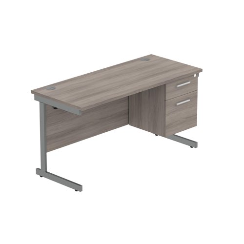 Office Rectangular Desk with Steel Single Upright Cantilever Legs + 2 Drawer Fixed Pedestal  1400X600 Alaskan Grey Oak/Graphite