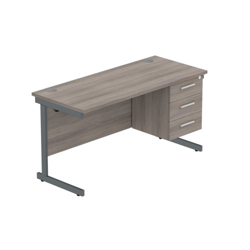 Office Rectangular Desk with Steel Single Upright Cantilever Legs + 3 Drawer Fixed Pedestal (FSC) 1400X600 Alaskan Grey Oak/Graphite