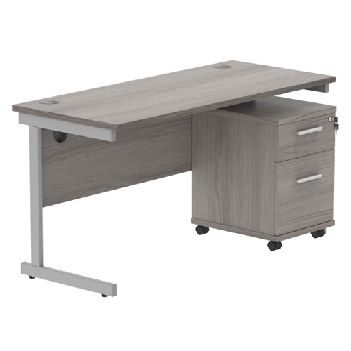 Single Upright Rectangular Desk + 2 Drawer Mobile Under Desk Pedestal (FSC) 1400 X 600 Alaskan Grey Oak/Silver