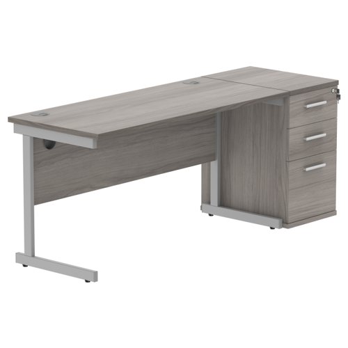 Single Upright Rectangular Desk + Desk High Pedestal (FSC) 1400 X 600 Alaskan Grey Oak/Silver