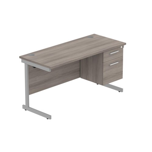 Office Rectangular Desk with Steel Single Upright Cantilever Legs + 2 Drawer Fixed Pedestal  1400X600 Alaskan Grey Oak/Silver