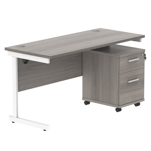 Single Upright Rectangular Desk + 2 Drawer Mobile Under Desk Pedestal (FSC) 1400 X 600 Alaskan Grey Oak/White