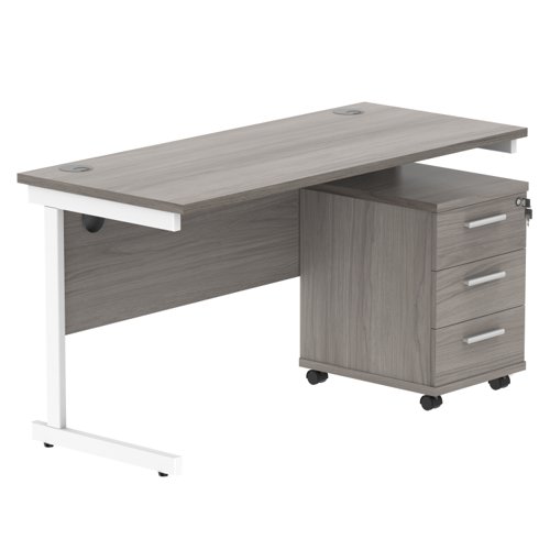 Single Upright Rectangular Desk + 3 Drawer Mobile Under Desk Pedestal (FSC) 1400 X 600 Alaskan Grey Oak/White